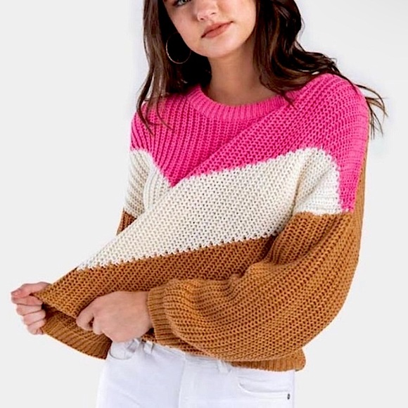 Harper Sweaters - EUC Harper pink, brown, and white cropped bubble sleeve chunky sweater